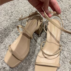 Square-Toe Strappy Block Heel Sandals in Beige